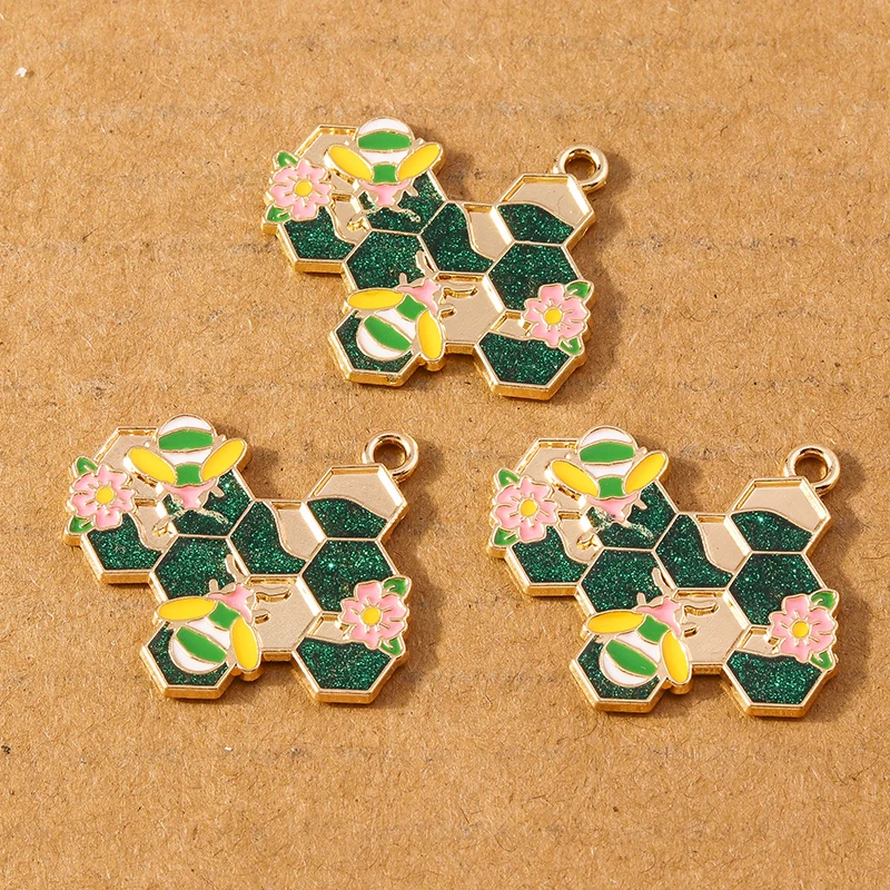 10pcs Cute Enamel Honeycomb Bee Charms Pendant for Making Neckalce Earrings DIY Jewelry Accessories Supplies