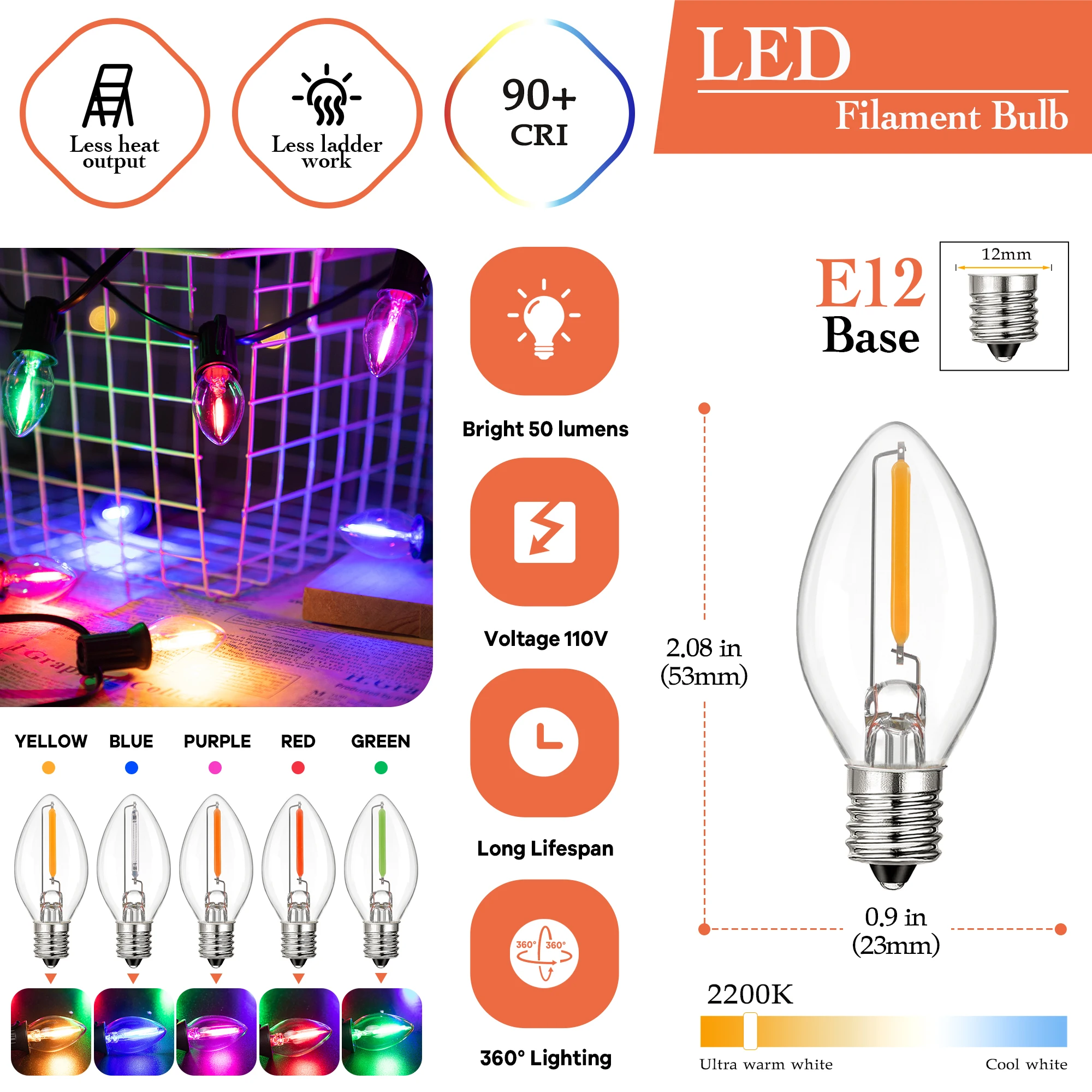 E12 LED Filament String Light Bulbs, Waterproof Multi Color C7 Candle Bulb for Outdoor Patio Garden Party Decor