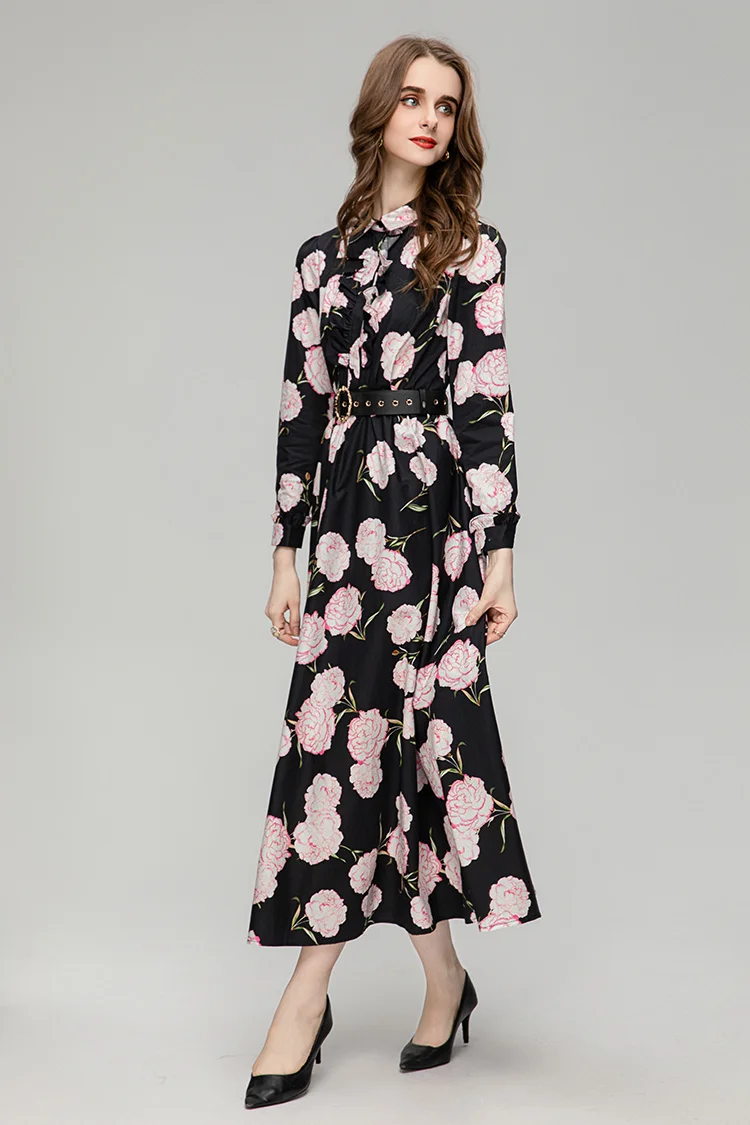 New Fashion Runway Summer Elegant Princess Women Holiday Party Turn-down Collar Button Sashes Floral Print Long Dress