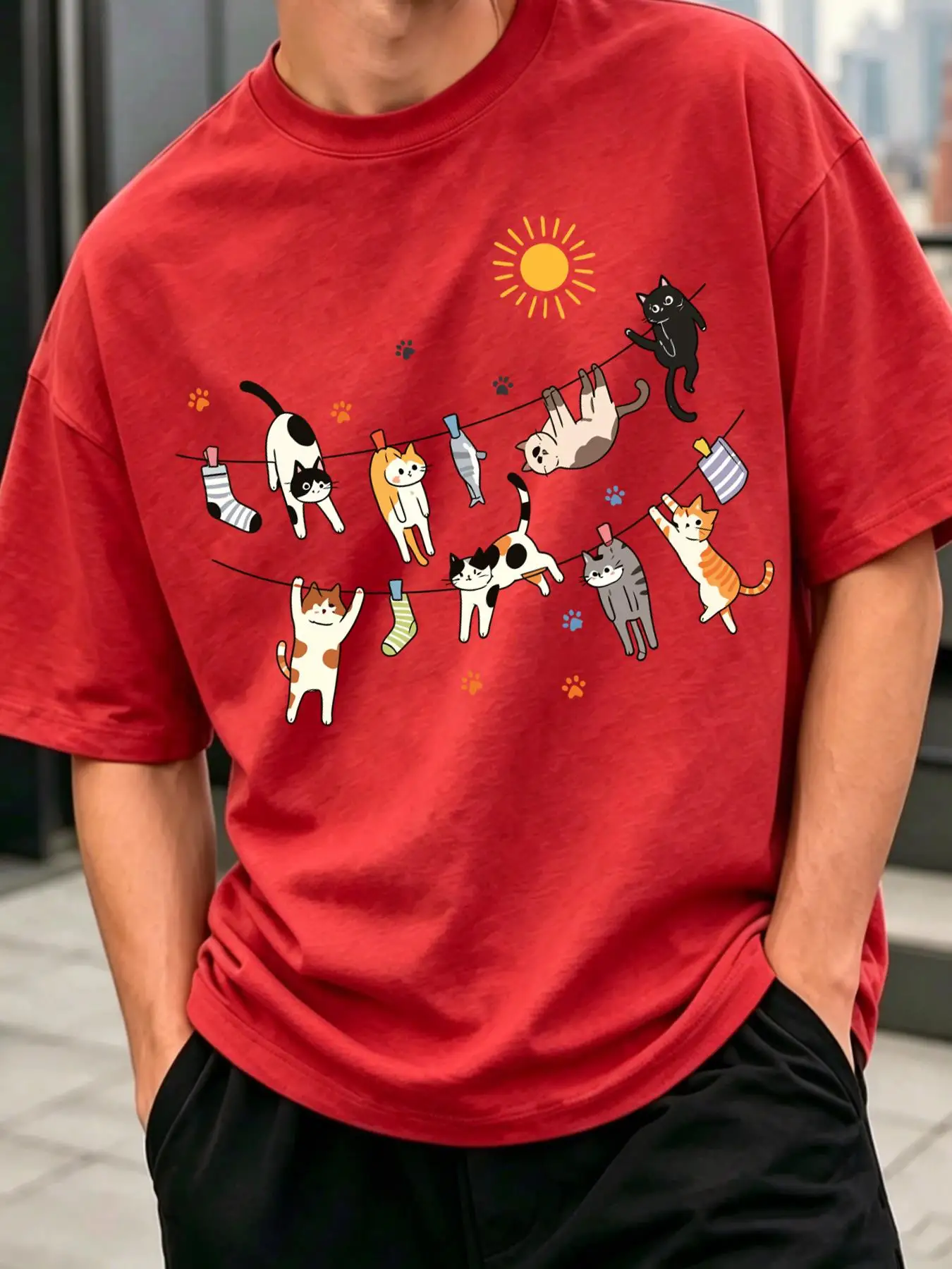 Cats Socks Fish On Clotheslines Print T-Shirt Men'S Summer Crewneck T Shirts Cotton Short Sleeve Oversized Running Streetwear