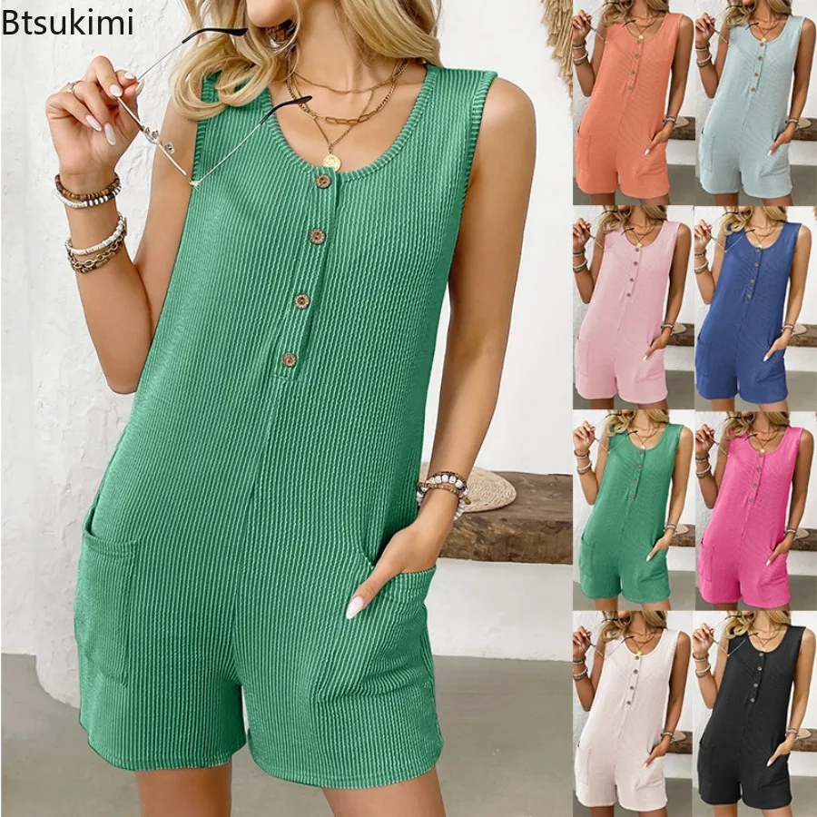 

Summer New Women's Sleeveless Rompers Round Neck Casual Buttons Pockets Tank Jumpsuits Shorts Women Streetwesr Fashion Playsuits