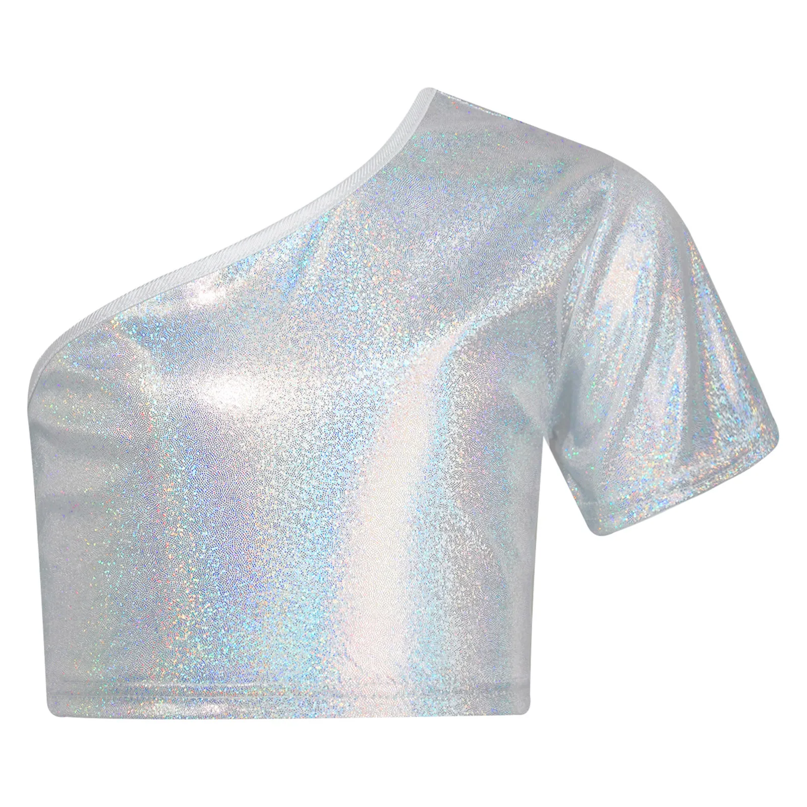 Kinder Meisjes T-Shirt Met Korte Mouwen Dancewear Jazz Dance Tops Mode Hiphop Dancewear Voor Kinderen Met Één Schouder Metallic Crop Top