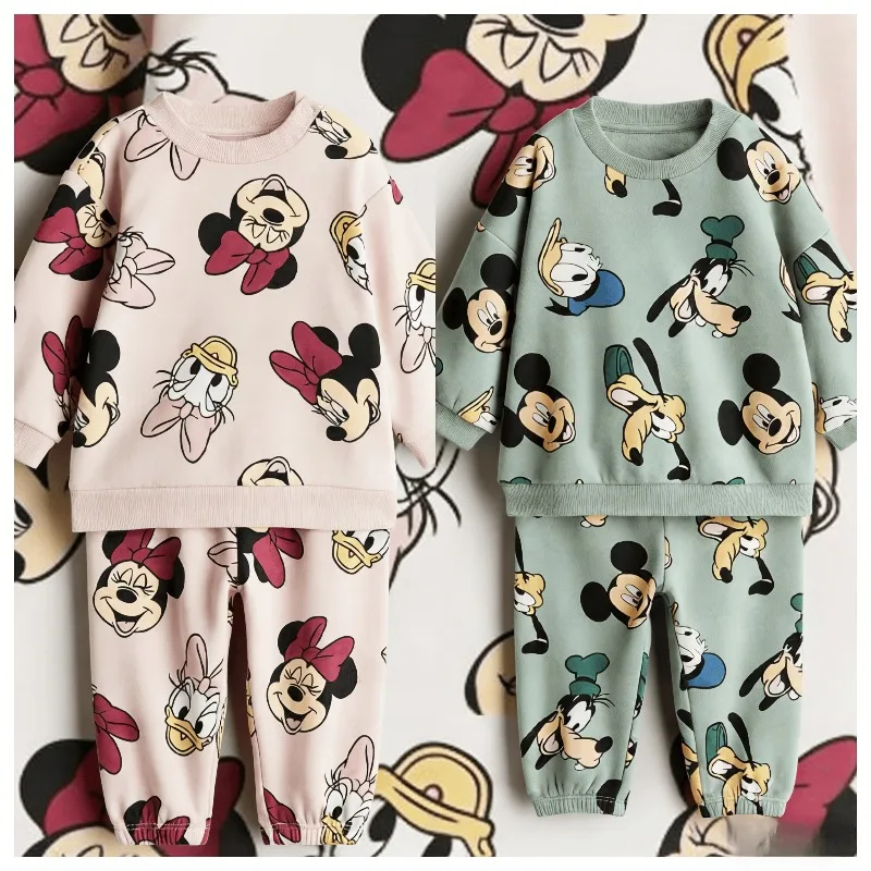 Conjunto de ropa de otoño de Disney para bebé, camiseta + pantalón para niños, camiseta de algodón de manga larga, chándales, ropa holgada para niños