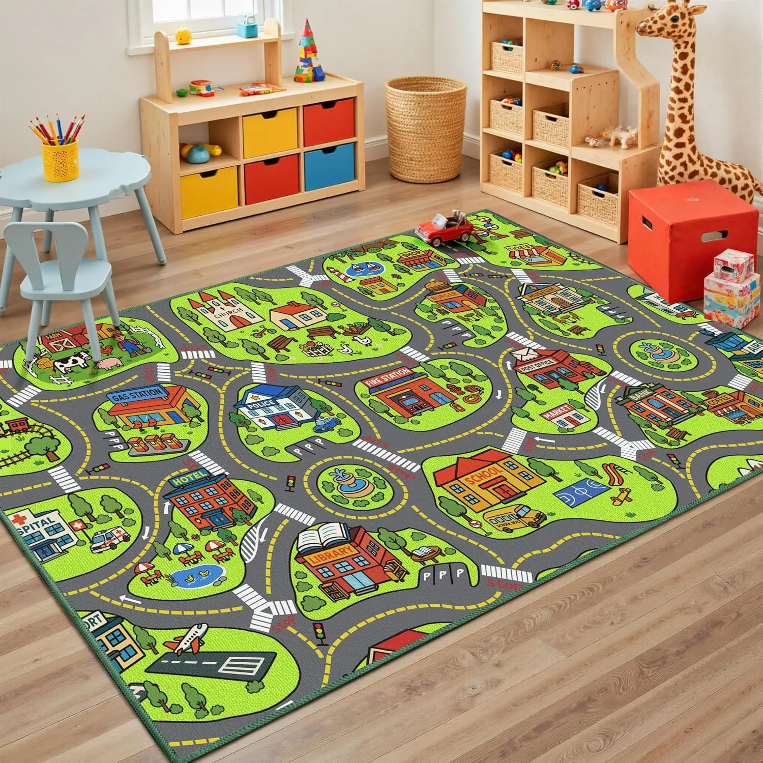 Washable City Road Town Map Printed Area Rug Non Slip Educational Soft Playmat Floor Carpet for Bedroom Playroom Home Decor