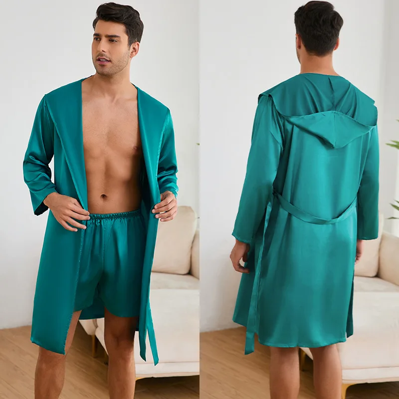 New Men's Robe Shorts Suit Two Piece Pajamas Sleepwear Loose Casual Hooded Bathrobe Gown Loungewear Ice Silk Homewear Lingerie view 5