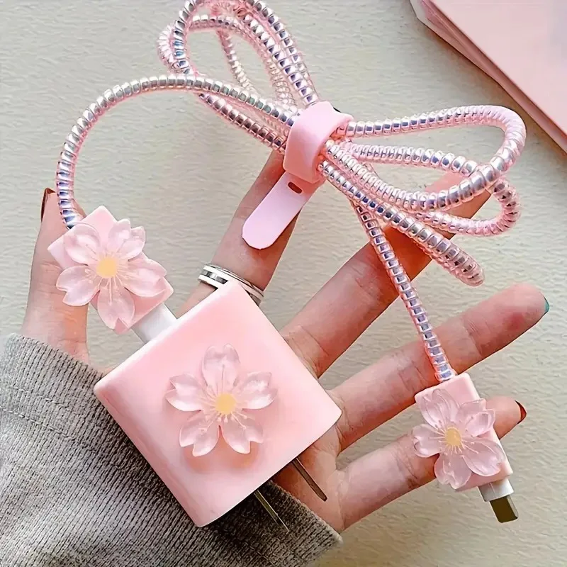 5PCS Pink Cherry Blossom Charger And Cable Protector Sleeve Set for 18W 20W Fast Charging Cable Fast Charging Adapter Case