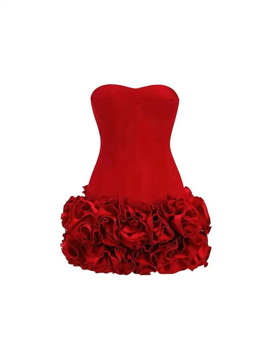 Red Solid Spliced Appliques Slim Backless Short Dresses For Women Strapless Sleevelss Patchwork Lace Up Dress Female Sexy