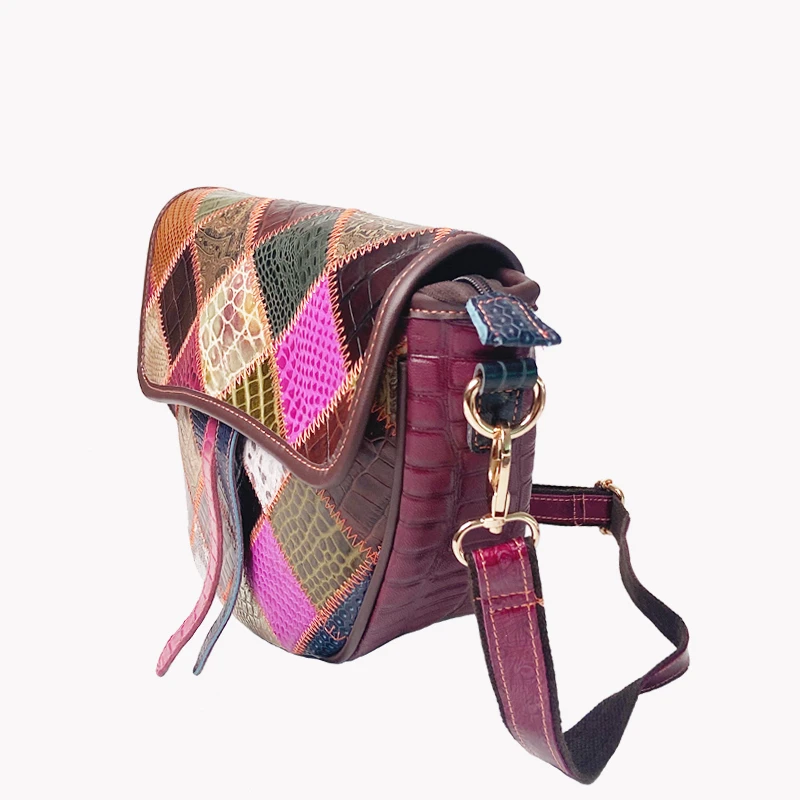 Genuine Leather Patchwork Crossbody Bag for Women Colorful Crocodile Snake Print Shoulder Bag Vintage Boho Ethnic Saddle Bag view 6