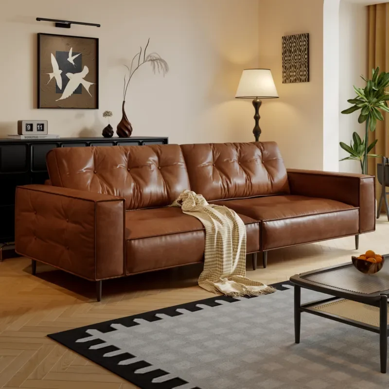 #French Retro Oil Wax Leather Sofa Small Living Room Household Three-Seater Ancient Style Caramel Color Artificial Leather