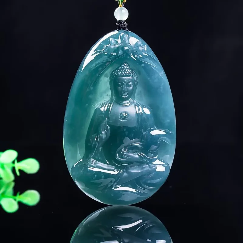 Natural jadeite A-grade blue water ice type Dainiyu Buddha for men and women, high-end jade pendant