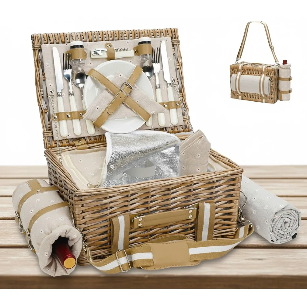 

19Pcs Wicker Picnic Basket Set with Waterproof Blanket & Wine Cooler for Couples Outdoor Camping