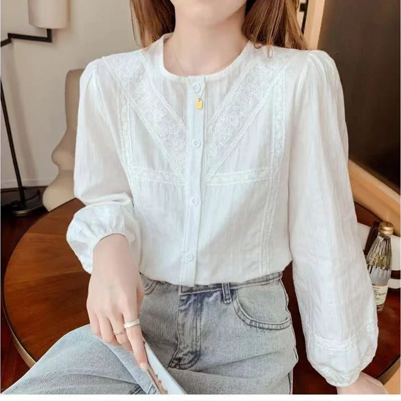 High End Long Sleeved Round Neck Jacquard Shirt for Women\'s Spring Autumn New French Style Temperament Elegant Loose Trendy Top