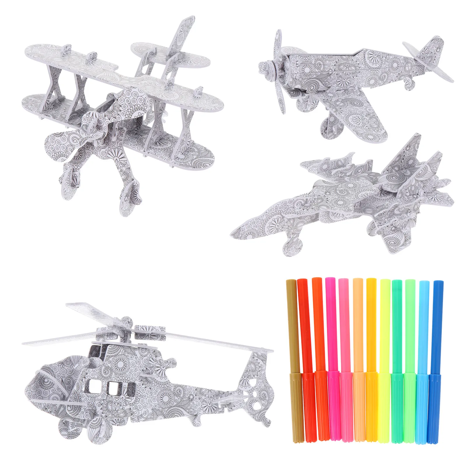 4個入り-3d飛行機パズル、子供向け塗り絵パズルセット、マーカー付き、diy教育用アートクラフト、空間認識能力を養う、パーティーギフト