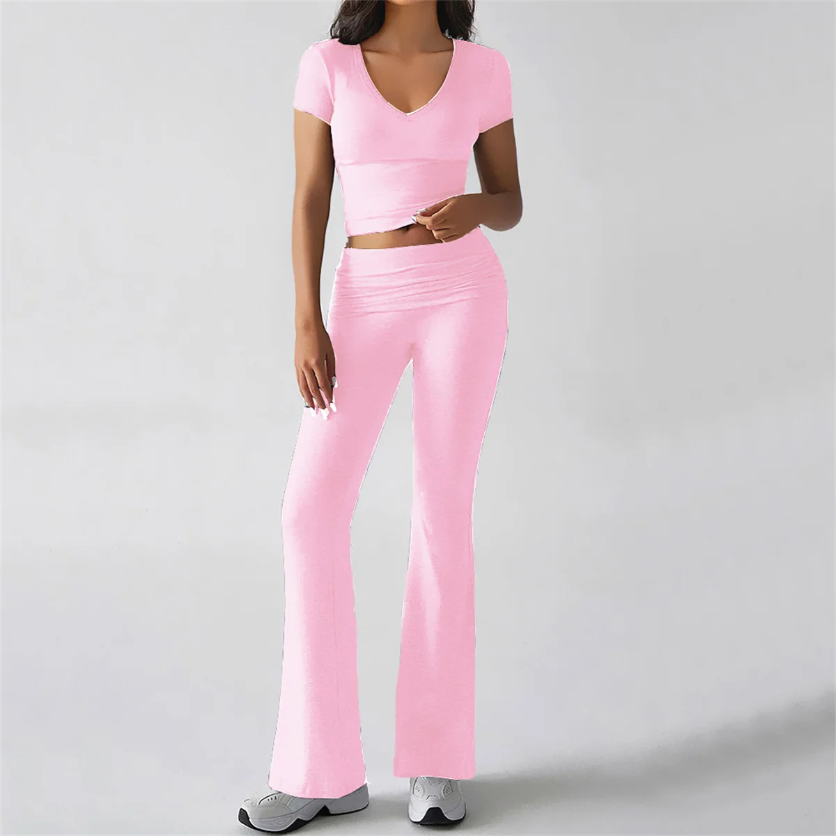 

2 шт., женские топы с v-образным вырезом и талией, комплект для йоги, фитнес-спортивная рубашка с короткими рукавами, расклешенные брюки, леггинсы, уличная одежда XP54