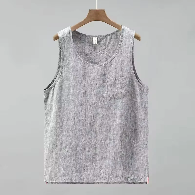 

100% Linen Sleeveless Tank Top Men's Summer Solid Color Breathable Casual Vest Vintage Loose Tops Sport Fitness T-shirts for Men