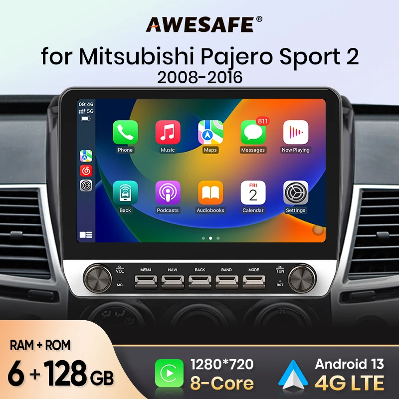 AWESAFE Car Radio for Mitsubishi Pajero Sport 2 L200 Triton 2008-2016Wireless Carplay Android Auto Stereo Buttons Multimedia GPS