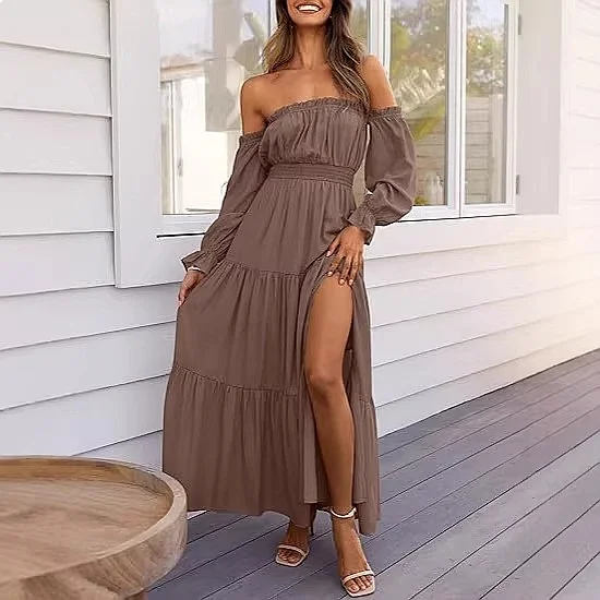 Bohemian Off Shoulder Dress Ruched Side Slit Long Dress Jumpsuit Playsuit