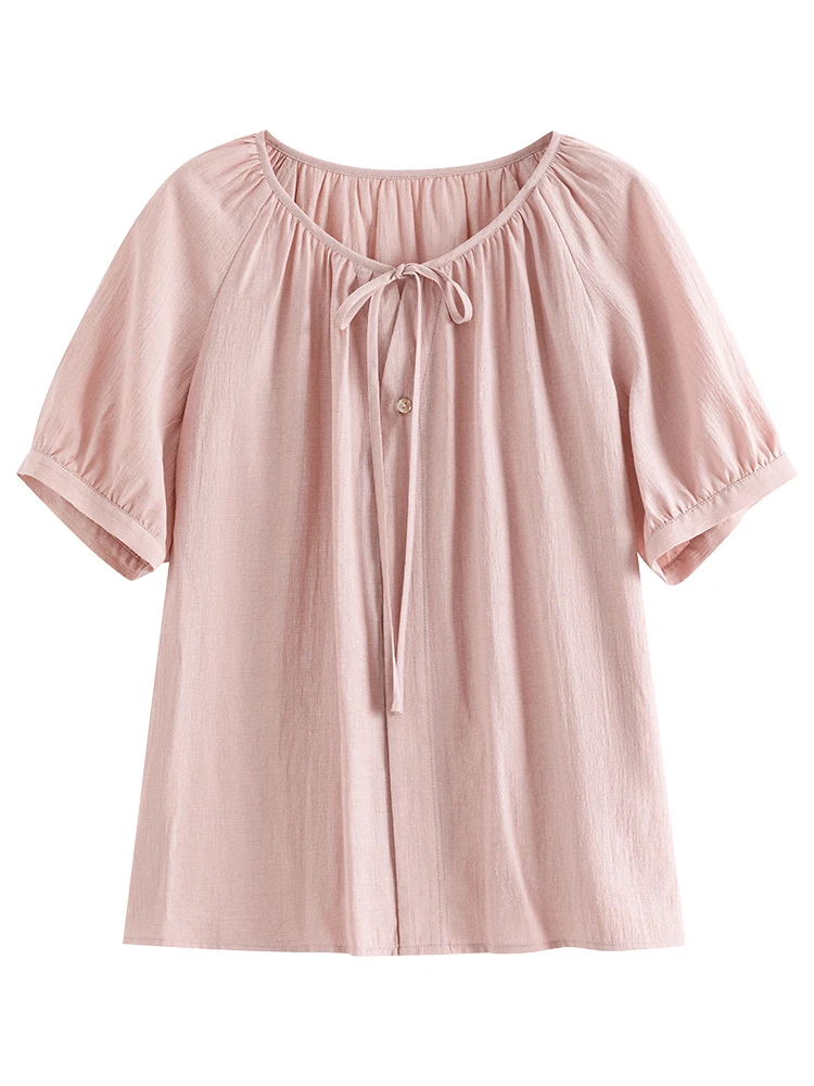 FSLE Summer Thin Women Round Neck Pink Short Sleeve Blouse Single Breated Raglan Sleeve Loose White Shirt Tops 24FS18047