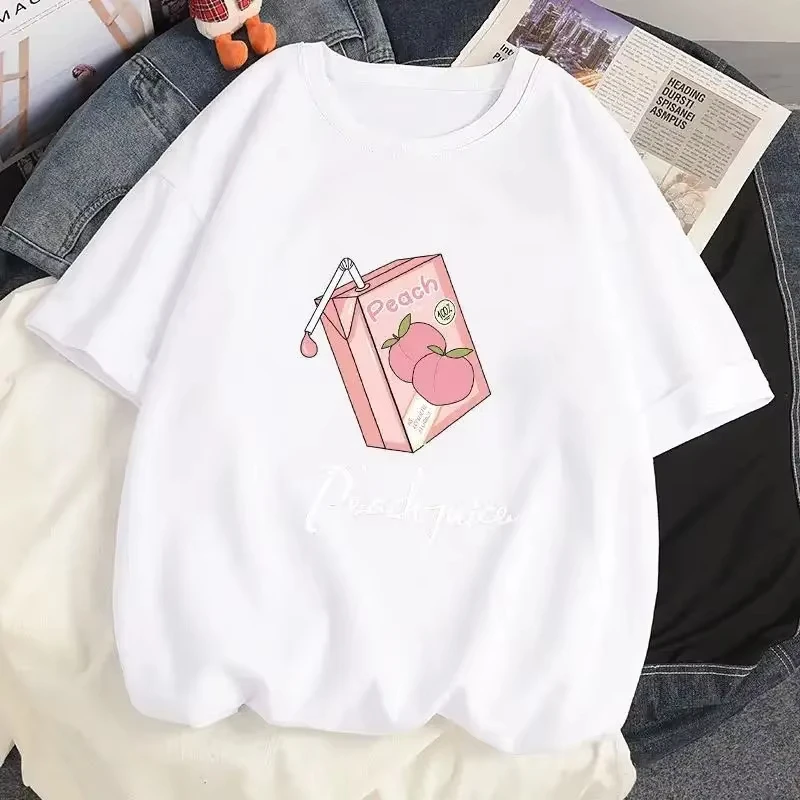 Unisex Cute Peach Juice Box Strawberry Japanese Text Graphic T Shirt Kawaii Fruit Cartoon Print Casual Short Sleeve Summer Tee
