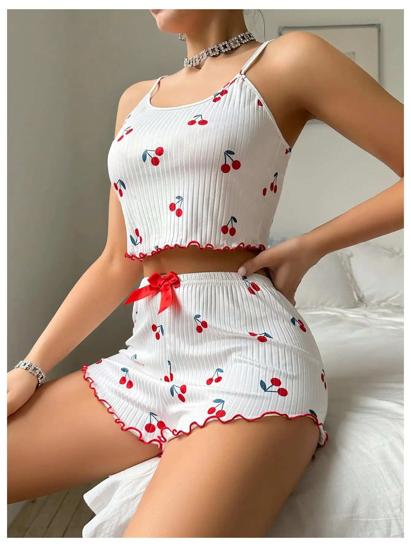 

Women's Summer Two Piece Pajama Set Cherry Print Crop Top High Waist Shorts Sleepwear with Lettuce Trim Cute Pijamas Set