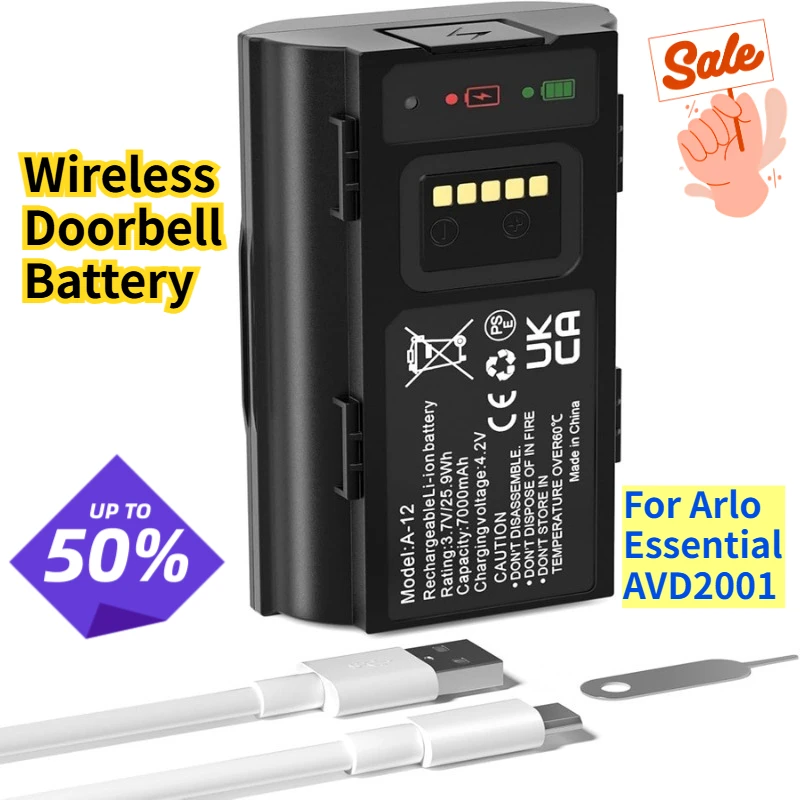 

3.7V 7000mAh Wireless Doorbell Battery A-12 VMA2400-10000S for Arlo Essential AVD2001 Cell of Grade A