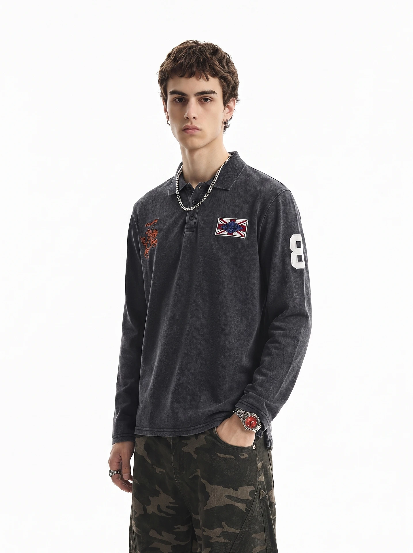 BETEBULE American Style Trendy Worn-out Letter Embroidery Long Sleeve T-shirt Men's Autumn Street Light Short Wide Top