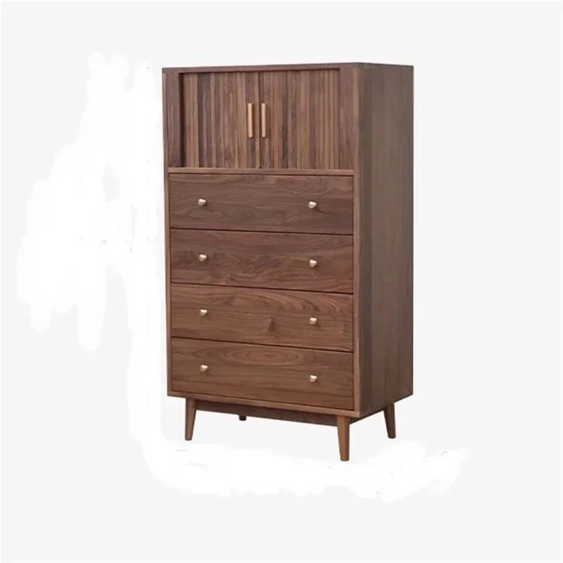 Nordic solid wood black walnut chest cabinet, simple modern cherry wood roller shutter four chest cabinet, bedroom side cabinet,