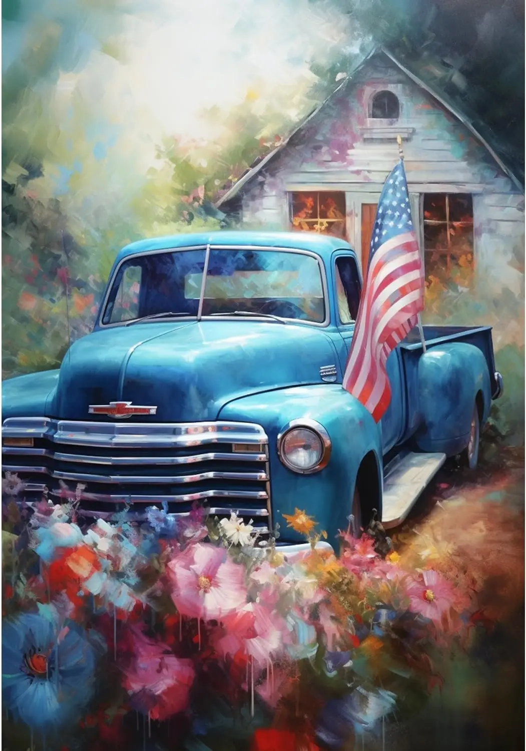 America Forever Classic Chevy Truck Double Sided Garden Flag, 12.5 x 18 inch, Patriotic Pickup Banner, American Flag Flowers jjp