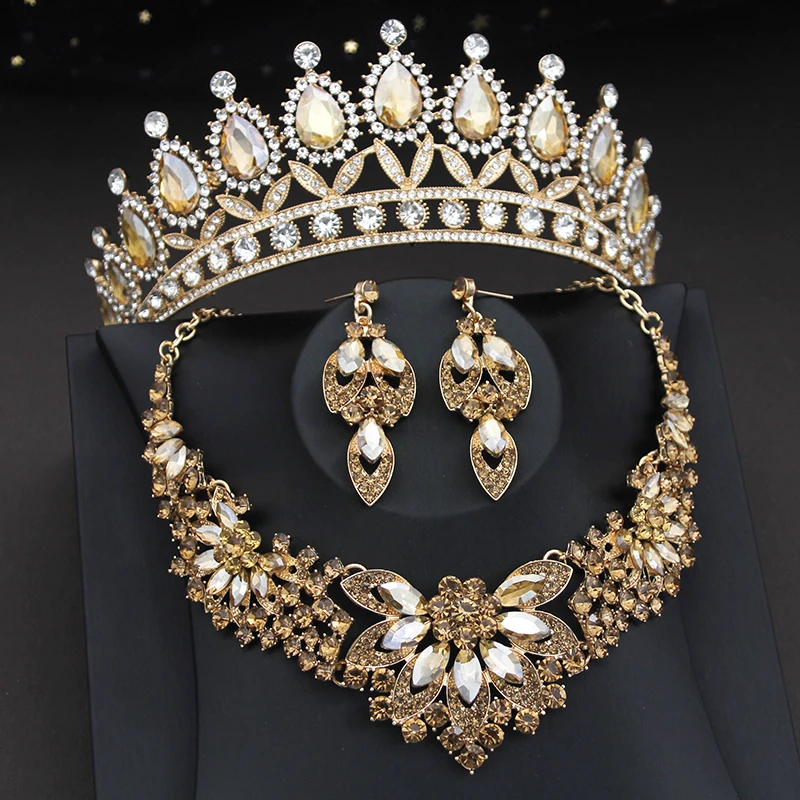 Elegant Champagne Crystal Bridal Jewelry sets and Wedding Crown Tiaras Bride Necklace Earring Dubai Jewelry set Accessories