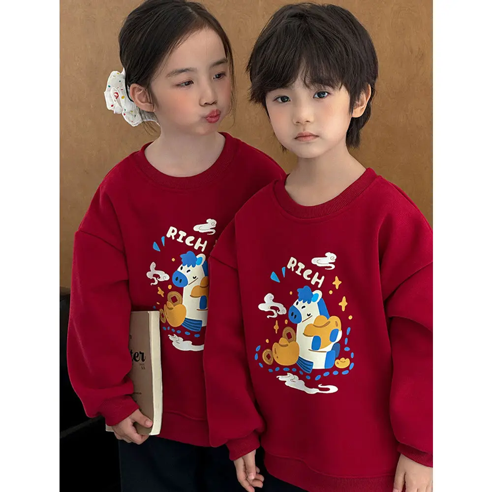 2026 بلوزات عائلية حمراء متطابقة للجنسين الآباء والأطفال بلوفر دافئ للعام الصيني الجديد للاحتفال بالصورة #5