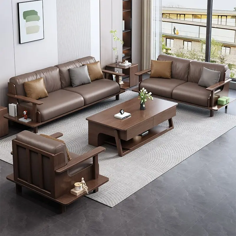 Nordic all-solid wood frame leather sofa combination living room 2.8m four-person corner sofa