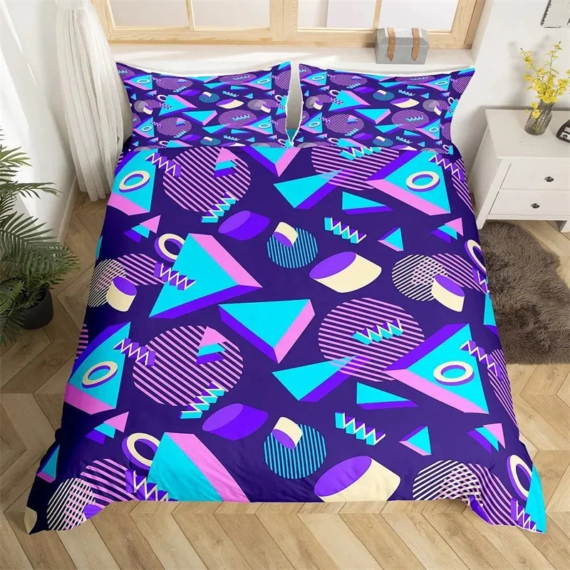 Psychedelic 3D Geometric Duvet Cover Microfiber Colorful Pop Abstract Art Comforter Cover Retro 80s Style Bedding Set Queen Size