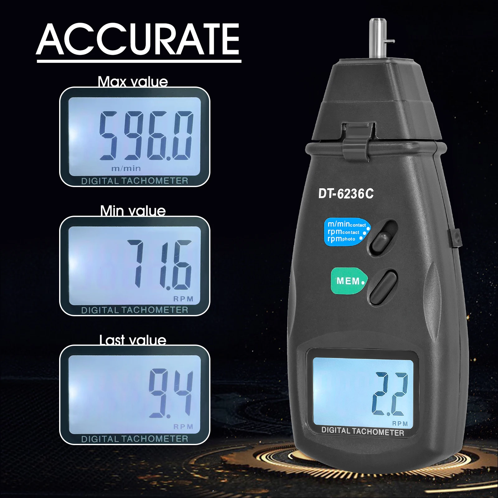 Imagem -04 - Tacômetro Digital com Sensor Fotográfico a Laser sem Contato Rpm Gauge Marker com Baterias Incluídas 25 a 99.999 Rpm