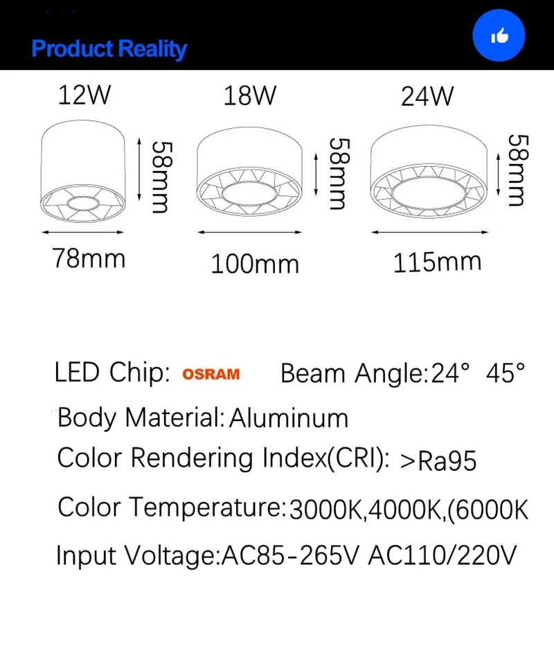 Surface Mounted Round Led Panel Light Dimmable Downlights 12W 18W 24W AC110 220V Indoor Lighting Aluminum Anti-glare Spot Light