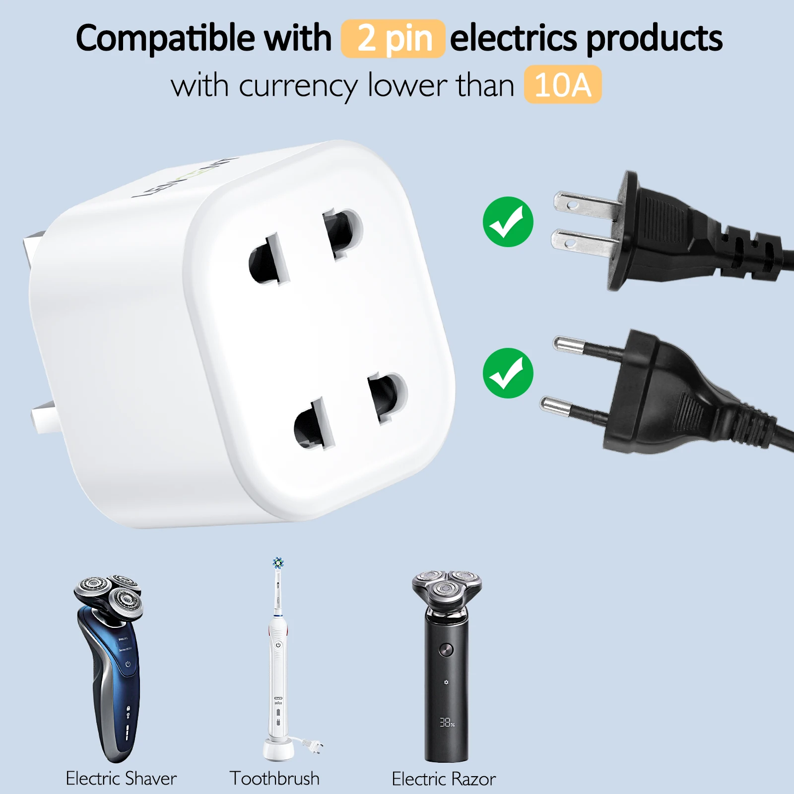 LENCENT UK 2 Pin a 3 Pin 10A fusibile adattatore caricabatterie rasoio elettrico adattatore per rasoio spina per spazzolino da denti per epilatori bagno