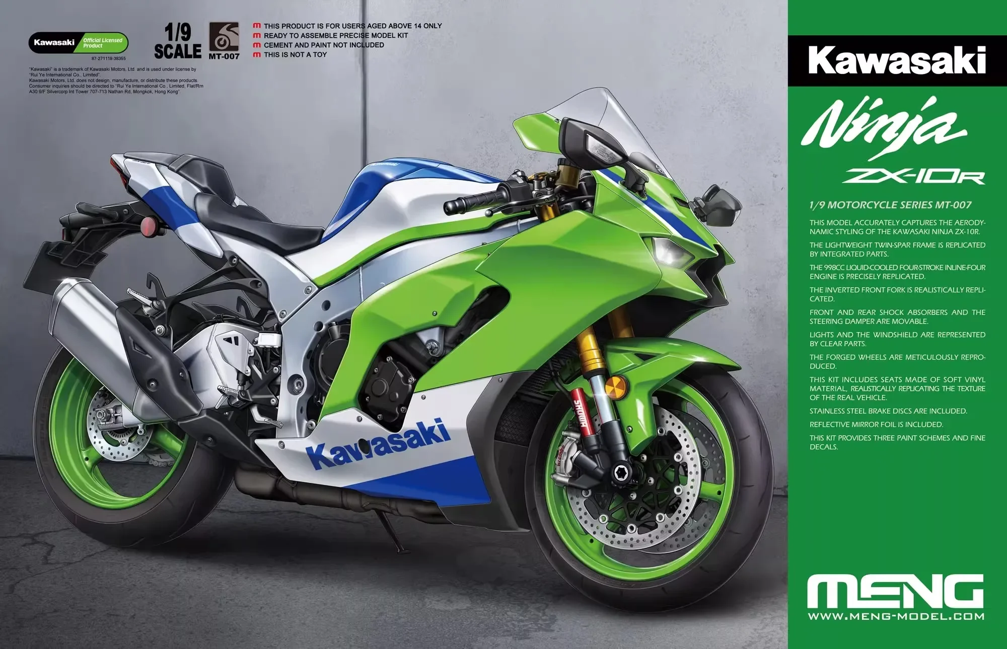 MENG Kawasaki Ninja ZX-10R Мотоцикл Сборная модель MT-007 1/9 Нецветная сборная фигурка на заказ Коллекционный подарок на день рождения