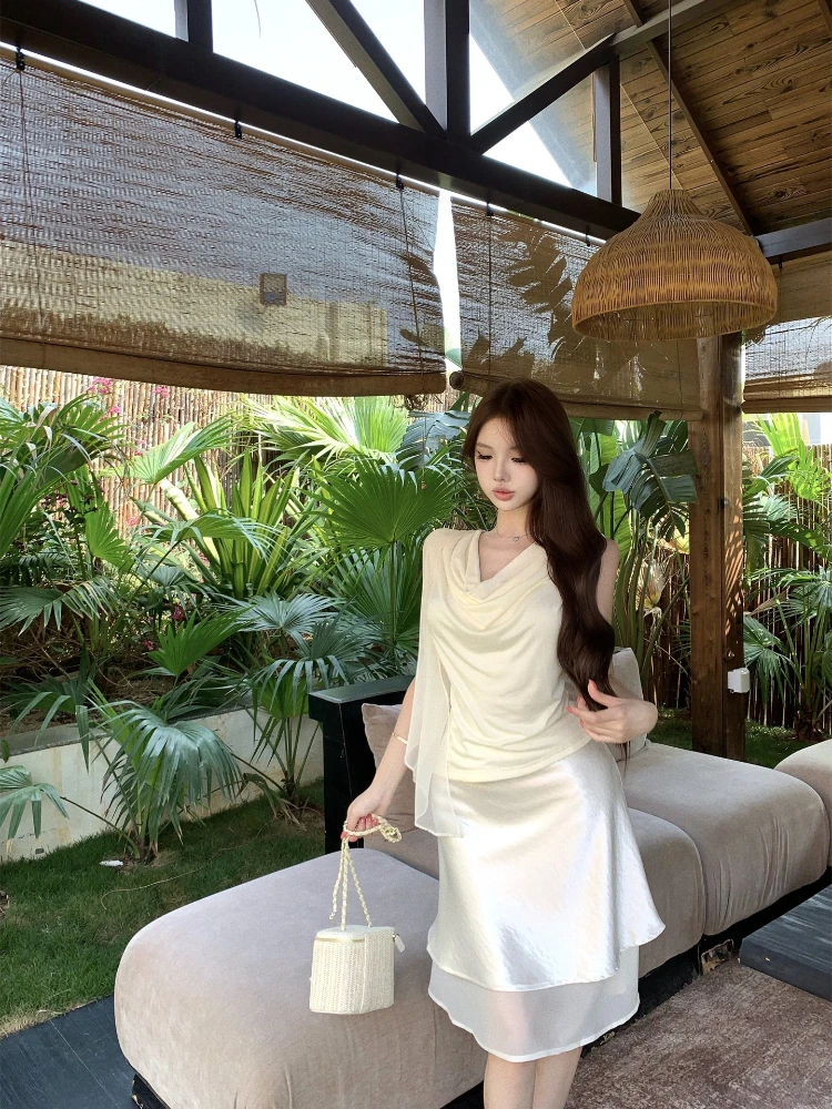 Gentle style sexy elegant two piece set women summer new swinging collar irregular off shoulder slim fit top+satin half skirt