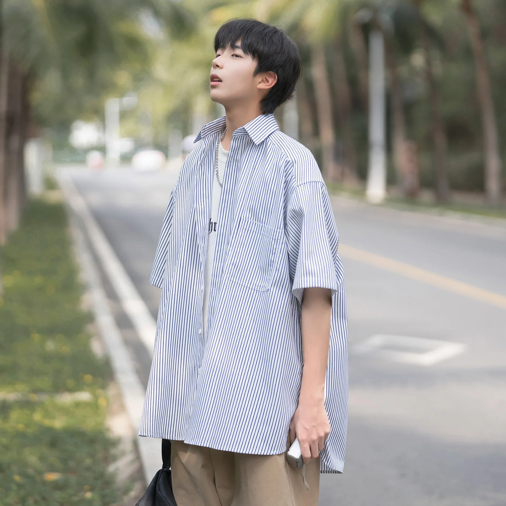 

Рубашка с коротким рукавом в японском стиле Cityboy для мужчин, летняя тонкая верхняя одежда, высококачественная полосатая рубашка с карманами и коротким рукавом