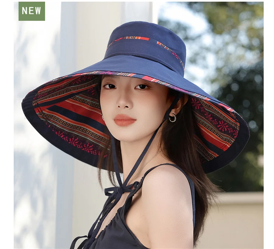 Fisherman Hat Women Reversible Large Brim Ethnic Style Beach Outdoor Outing UV Sunscreen Face Shading Sun Hat