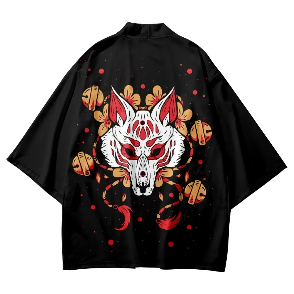 Men Haori Shirt Short Sleeve Japanese Samurai Sakura Fox Mask Casual Comfortable Novelty Trendy Cool Fashion New Stylish Kimono