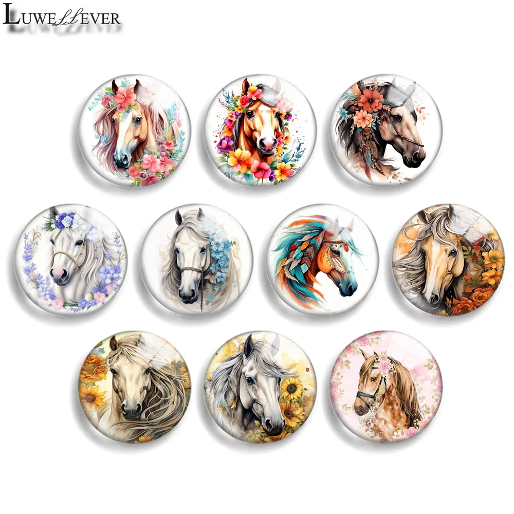 

10mm 12mm 20mm 25mm 30mm 40mm 924 Horse Mix Round Glass Cabochon Flat Jewelry Finding 18mm Snap Button Charm Bracelet