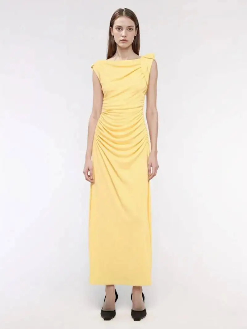 Vintage Casual Women Dress Yellow Solid O-Neck Sleeveless Asymmetrical Straight Vestidos Fashion 2025 Spring Summer Dress XWJ7