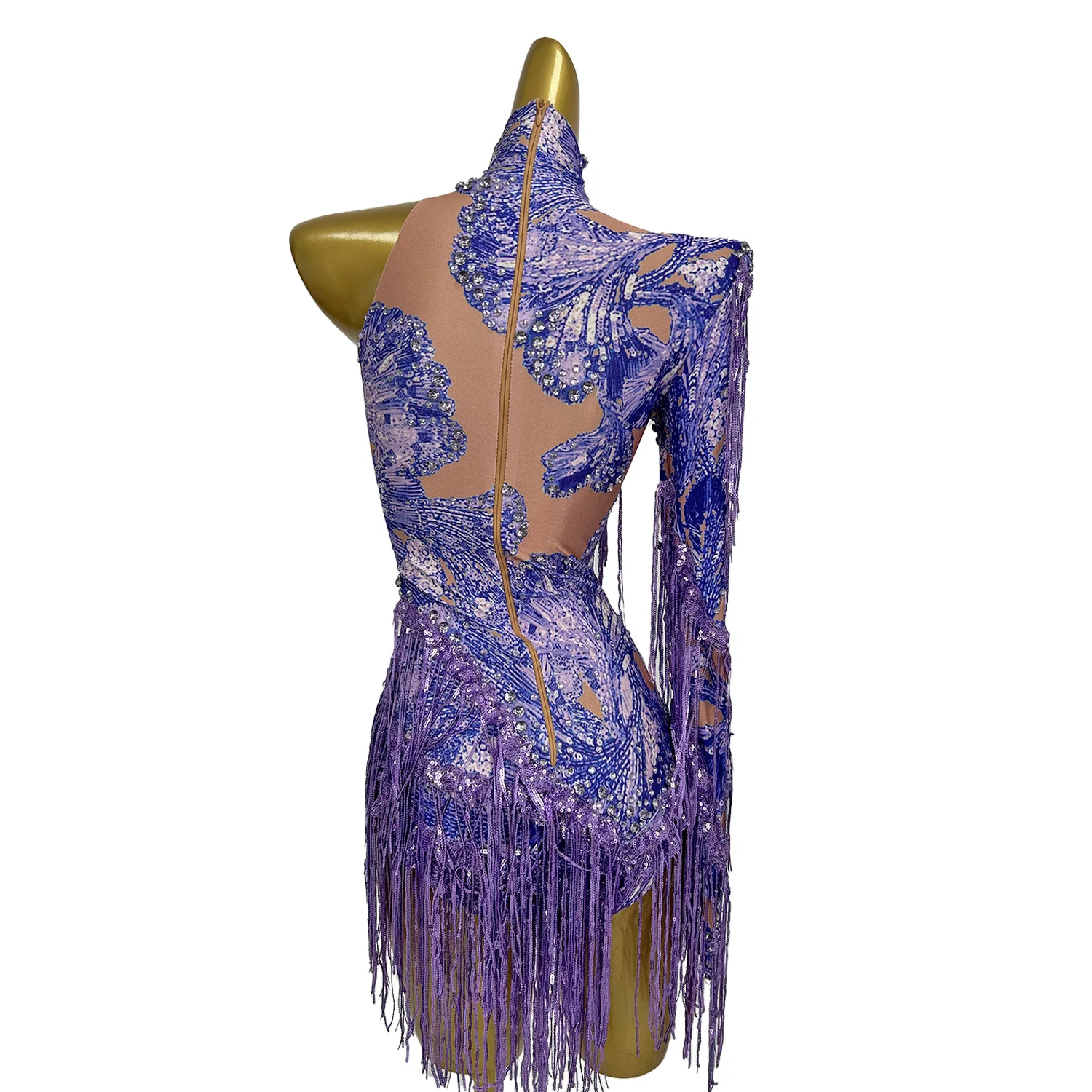 Sexy One Sleeved Leotard Latin Pole Dance Performance Costume Purple Sequins Tassel Bodysuit Nightclub Bar Party Dress Duxiu