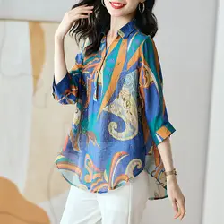 Spring Summer New Three Quarter Fashion Printing Shirt Women High Street Casual Loose Button Blouse Elegant Patchwork Chic Tops