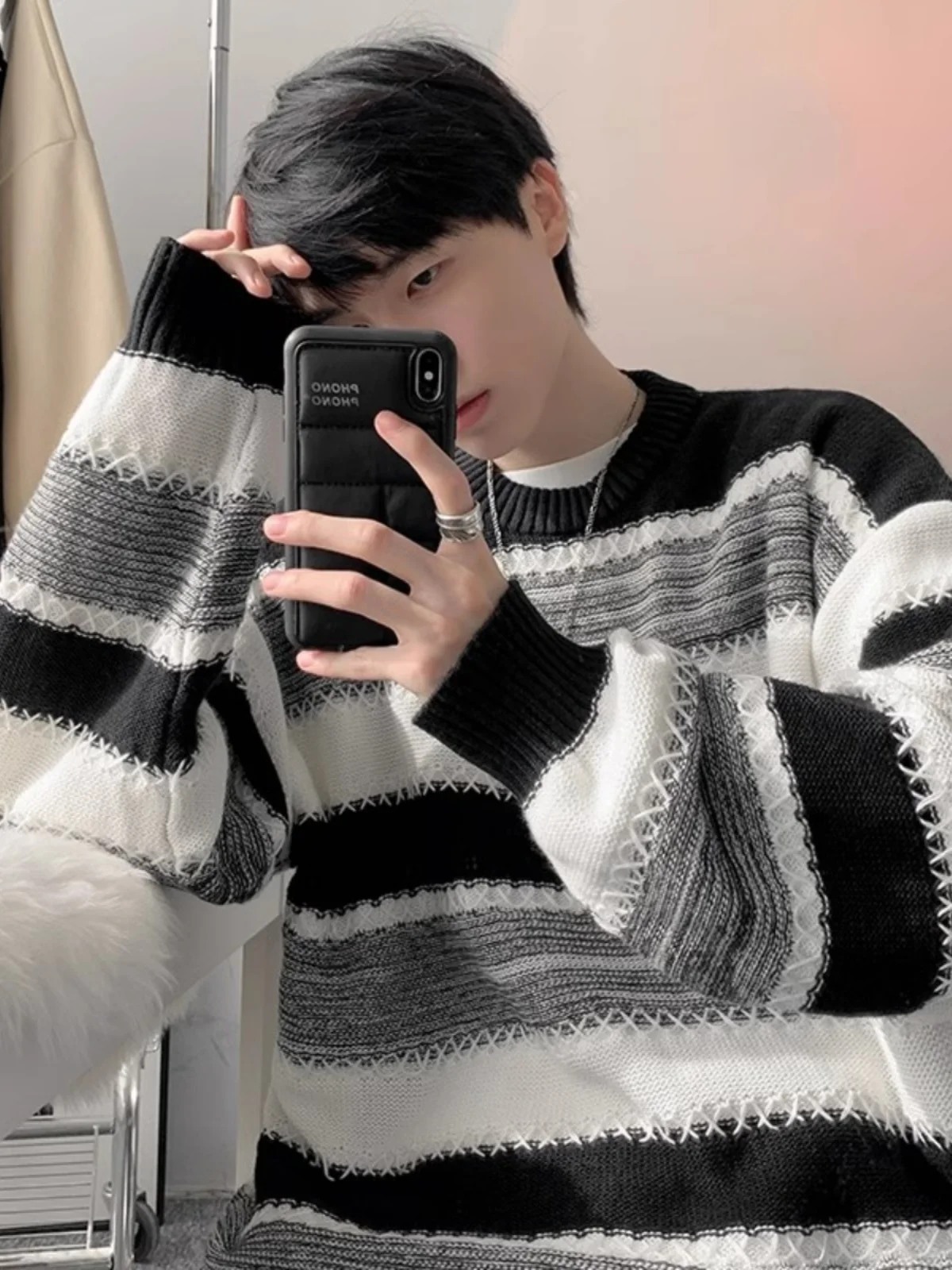 

Lazy Sle Men's Knitted Sweater Autumn Winter Loose Striped Design Casual Faion Top Quali Polyester Long Sve round Ne