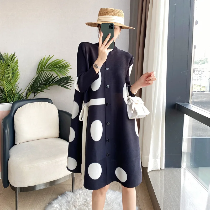 

Uslemon Women British Style Buttoned Polka-Dot Tied Stand Neck Elegant Midi Dresses Spring Long Sleeves Loose Shirts Dress