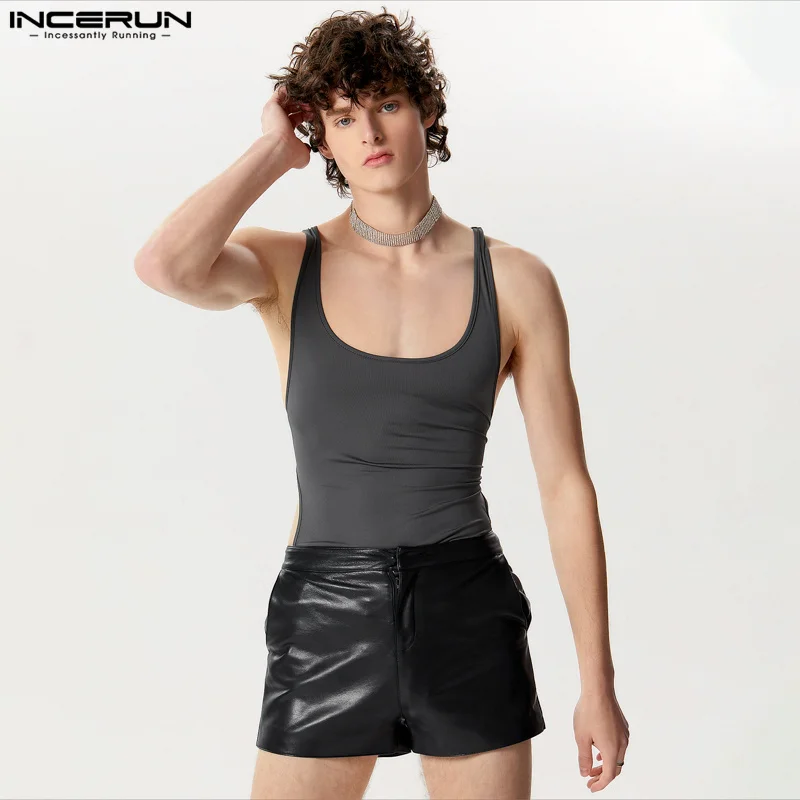 Men Bodysuits Solid Color Skinny O-neck Sleeveless Casual Male Rompers 2024 Summer Hollow Out Sexy Underwear Bodysuit INCERUN