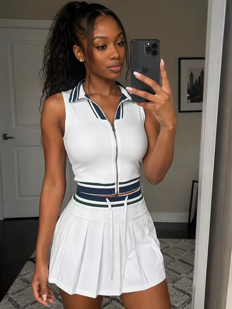 Doyerl Casual 2 Piece Set Outfits for Woman Sporty Gym Zipper Sleeveless Slim Top and A-line Pleated Mini Skirt Matching Sets