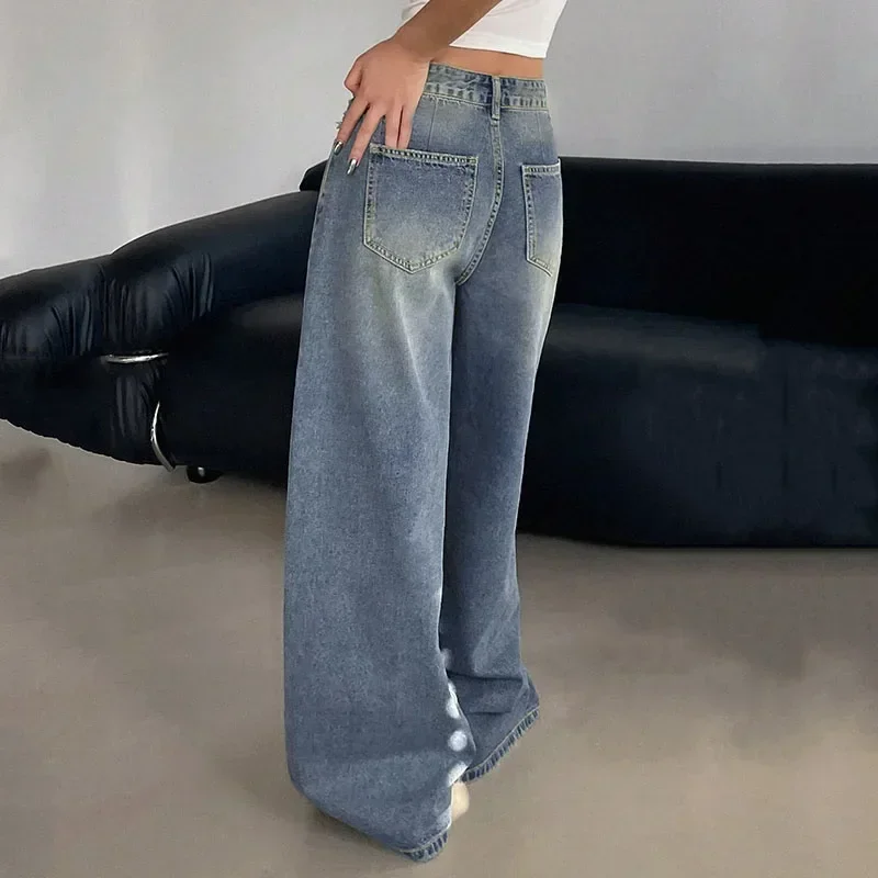 Модные свободные рваные джинсы с высокой талией и широкими штанинами для повседневных женщин