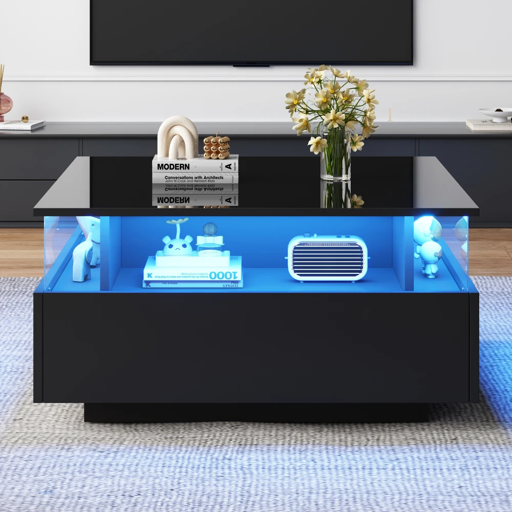 70 x 70 x 41 cm großer moderner Hochglanz-LED-Couchtisch mit 2 Schubladen und transparentem Präsentationsbereich, belastbar bis zu 30 kg – Detail 2
